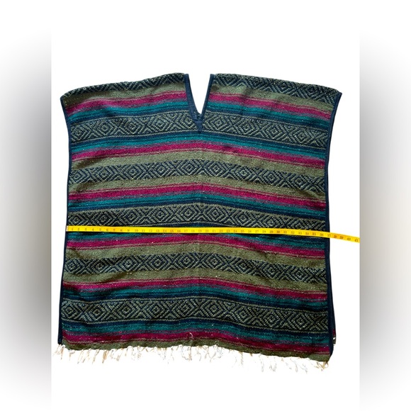 Vintage Woven Green Mexican Southwestern Blanket Style Poncho or Serape, OS - Picture 7 of 10